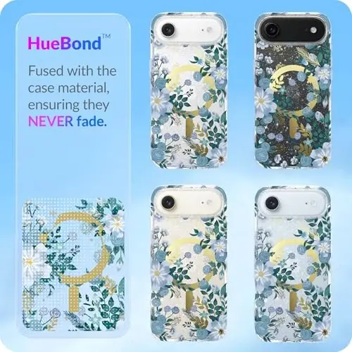 LONLI Hue — чехол с магнитным кольцом для iPhone 17 Air — [Совместимо с Magsafe] — [Золотое кольцо] — Прозрачный милый противоударный защитный чехол для девушек и женщин — Синяя флора - 5