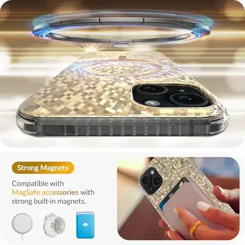 LONLI Hue - Champagne Gold Diamond Facet Sparkling Magnetic iPhone 15 uchun telefon g'ilofi - [Magsafe bilan mos keladi] - [Sparkle Glow Finish, Luxe Glitter Protection] - iPhone 15 uchun - 3