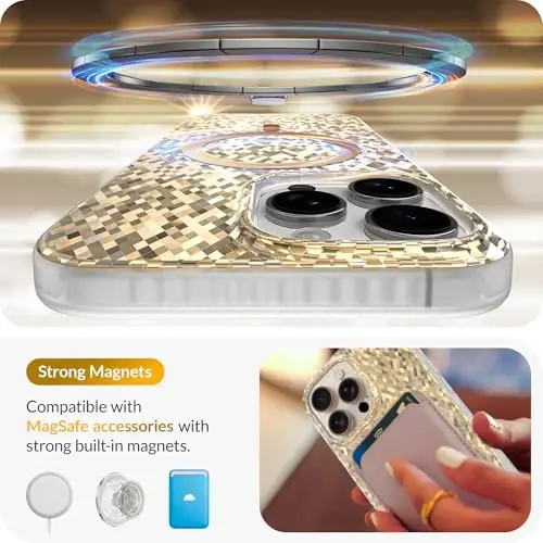 LONLI Hue - Champagne Gold Diamond Facet Sparkling Magnetic iPhone 16 Pro uchun telefon g'ilofi - [Magsafe bilan mos] - [Sparkle Glow Finish, Luxe Glitter Protection] - iPhone 16 Pro uchun - 3