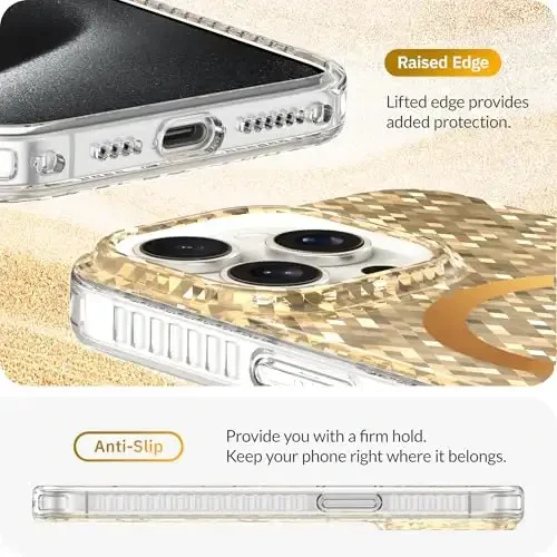 LONLI Hue - Champagne Gold Diamond Facet Sparkling Magnetic Phone Case for iPhone 15 Pro Max - [Magsafe bilan mos keladi] - [Sparkle Glow Finish, Luxe Glitter Protection] - iPhone 15 Pro Max uchun - 5