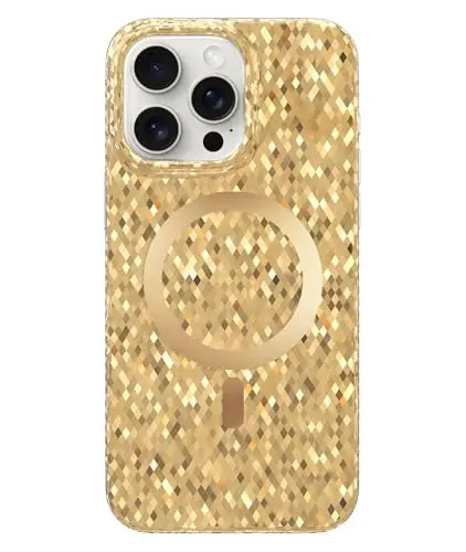 LONLI Hue - Champagne Gold Diamond Facet Sparkling Magnetic Phone Case for iPhone 15 Pro Max - [Magsafe bilan mos keladi] - [Sparkle Glow Finish, Luxe Glitter Protection] - iPhone 15 Pro Max uchun - LONLI