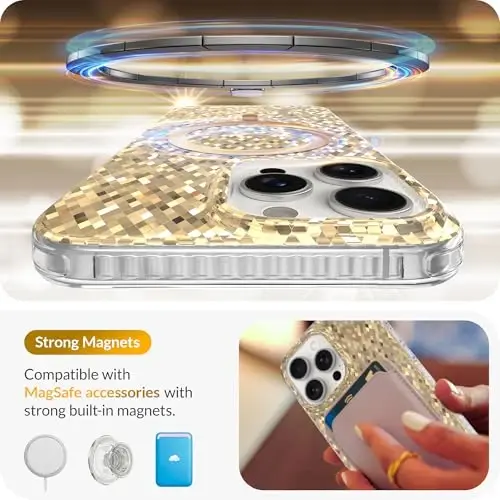 LONLI Hue - Champagne Gold Diamond Facet Sparkling Magnetic Phone Case for iPhone 15 Pro Max - [Magsafe bilan mos keladi] - [Sparkle Glow Finish, Luxe Glitter Protection] - iPhone 15 Pro Max uchun - 3