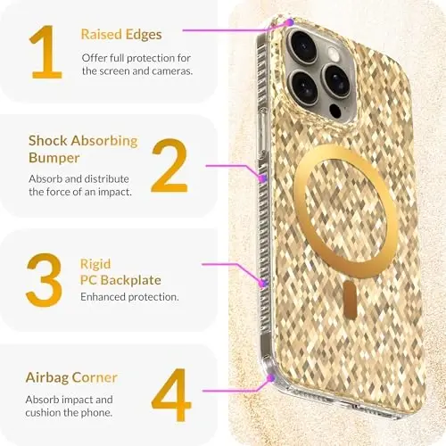 LONLI Hue - Champagne Gold Diamond Facet Sparkling Magnetic Phone Case for iPhone 15 Pro Max - [Magsafe bilan mos keladi] - [Sparkle Glow Finish, Luxe Glitter Protection] - iPhone 15 Pro Max uchun - 6