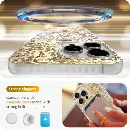 LONLI Hue - Champagne Gold Diamond Facet Sparkling Magnetic Phone Case for iPhone 16 Pro Max - [Compatible with Magsafe] - [Sparkle Glow Finish, Luxe Glitter Protection] - for iPhone 16 Pro Max - 3