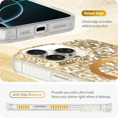 LONLI Hue - Champagne Gold Diamond Facet Sparkling Magnetic Phone Case for iPhone 16 Pro Max - [Magsafe bilan mos] - [Sparkle Glow Finish, Luxe Glitter Protection] - iPhone 16 Pro Max uchun - 5
