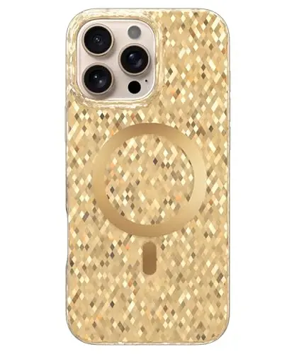 LONLI Hue - Champagne Gold Diamond Facet Sparkling Magnetic Phone Case for iPhone 16 Pro Max - [Magsafe bilan mos] - [Sparkle Glow Finish, Luxe Glitter Protection] - iPhone 16 Pro Max uchun - LONLI