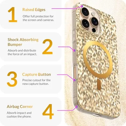 LONLI Hue - Champagne Gold Diamond Facet Sparkling Magnetic Phone Case for iPhone 16 Pro Max - [Magsafe bilan mos] - [Sparkle Glow Finish, Luxe Glitter Protection] - iPhone 16 Pro Max uchun - 6