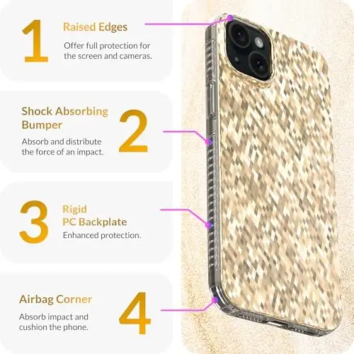LONLI Hue - Champagne Gold Diamond Facet Sparkling Phone Case for iPhone 15 Plus - [Sparkle Glow Finish, Luxe Glitter Protection] - [360° Shock-Absorbent Bumper] - for iPhone 15 Plus - 6