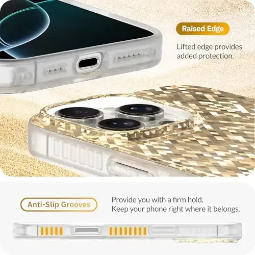 LONLI Hue - Champagne Gold Diamond Facet Sparkling Phone Case for iPhone 16 Pro Max - [Sparkle Glow Finish, Luxe Glitter Protection] - [360° Shock-Absorbent Bumper] - for iPhone 16 Pro Max - 5