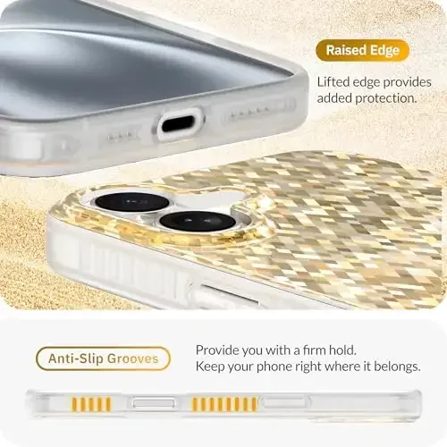 LONLI Hue - Champagne Gold Diamond Facet Sparkling Phone Case for iPhone 16 - [Sparkle Glow Finish, Luxe Glitter Protection] - [360° Shock-Absorbent Bumper] - for iPhone 16 - 5