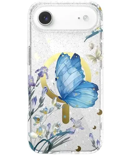 LONLI Hue - для чехла iPhone 17 Air Magnetic - [Совместимо с Magsafe] - [Золотое кольцо] - Прозрачный милый ударопрочный защитный чехол для телефона для девочек и женщин - Синий морфо - 1
