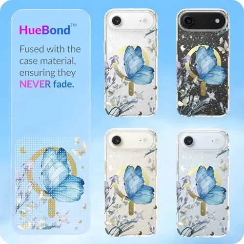 LONLI Hue - для чехла iPhone 17 Air Magnetic - [Совместимо с Magsafe] - [Золотое кольцо] - Прозрачный милый ударопрочный защитный чехол для телефона для девочек и женщин - Синий морфо - 5