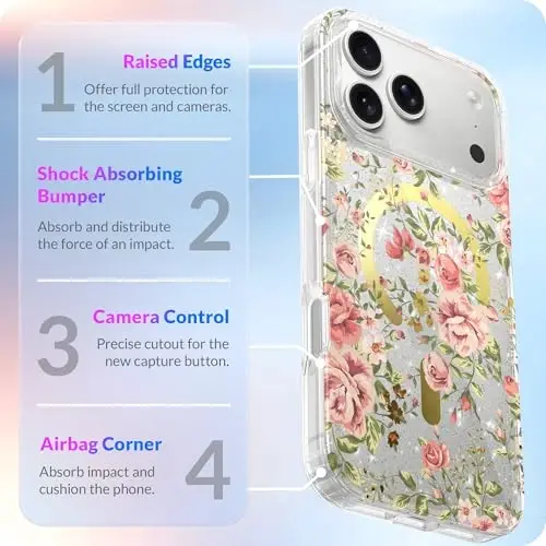 LONLI Hue - для чехла iPhone 17 Pro с магнитом - [Совместимо с Magsafe] - [Золотое кольцо] - Прозрачный милый противоударный защитный чехол для телефона для девочек и женщин - Розовый сад - 4