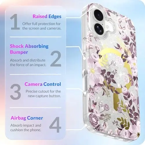 LONLI Hue - для чехла iPhone 17 с магнитом - [Совместимо с Magsafe] - [Золотое кольцо] - Прозрачный милый противоударный защитный чехол для телефона для девочек и женщин - Фиолетовый цветущий сарсен - 4