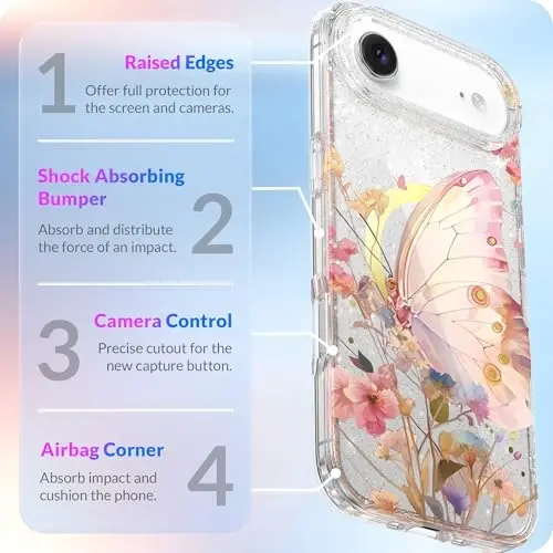 LONLI Hue - для iPhone 17 Air Магнитный Чехол - [Совместимо с Magsafe] - [Золотое Кольцо] - Прозрачный Милый Ударопрочный Защитный Чехол для Телефона для Девочек и Женщин - Садовая Бабочка - 4