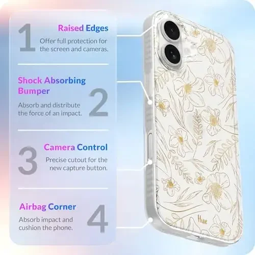 LONLI Hue для iPhone 17 Case - Golden Floral Shockproof Phone Cover - [Shock-Absorbent Bumper] - Elegant, Unique and Aesthetic for Women and Girls for Women and Girls - 5