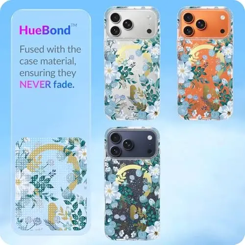 LONLI Hue - для iPhone 17 Pro Max Магнитный чехол - [Совместимость с Magsafe] - [Золотое кольцо] - Прозрачный милый противоударный защитный чехол для телефонов для девочек и женщин - Blue Flora - 5