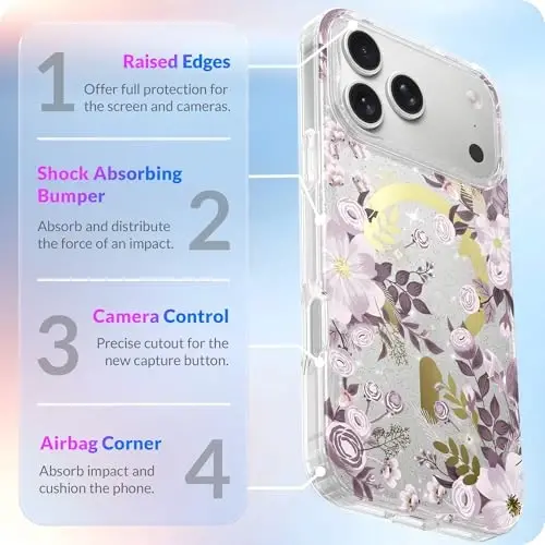 LONLI Hue - для iPhone 17 Pro Max Магнитный чехол - [Совместимость с Magsafe] - [Золотое кольцо] - Прозрачный милый противоударный защитный чехол для телефонов для девочек и женщин - Фиолетовый цветущий - 4