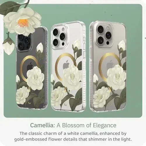 LONLI Hue - for iPhone 15 Pro Case [Compatible with Magsafe] - Camellia Phone Case - [360° Shock-Absorbent Bumper] - Cute, Unique and Aesthetic Phone Cover for Girls and Women - 2