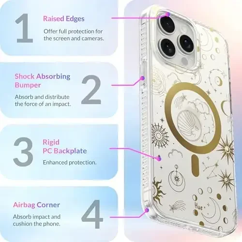 LONLI Hue - for iPhone 15 Pro Case [Compatible with Magsafe] - Cosmic Stars Phone Case - [360° Shock-Absorbent Bumper] - Cute, Unique and Aesthetic Phone Cover for Girls and Women - 6