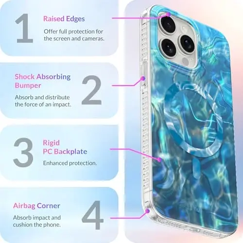 LONLI Hue - for iPhone 15 Pro Max Case [Compatible with Magsafe] - Blue Flower Phone Case - [360° Shock-Absorbent Bumper] - Cute, Unique and Aesthetic Phone Cover for Girls and Women - 3