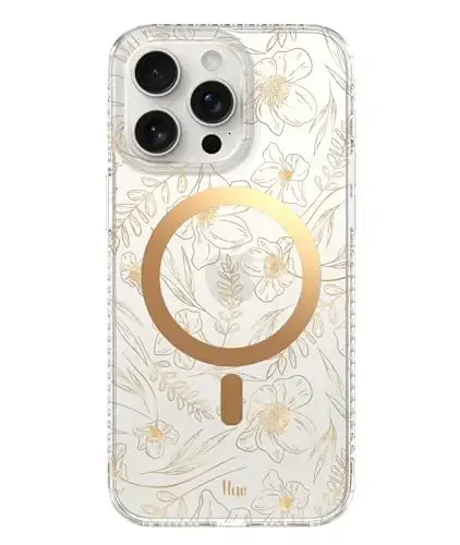 LONLI Hue - for iPhone 15 Pro Max Case [Compatible with Magsafe] - Gold Floral Phone Case - [360° Shock-Absorbent Bumper] - Cute, Unique and Aesthetic Phone Cover for Girls and Women - LONLI