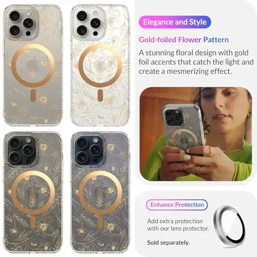 LONLI Hue - for iPhone 15 Pro Max Case [Compatible with Magsafe] - Gold Floral Phone Case - [360° Shock-Absorbent Bumper] - Cute, Unique and Aesthetic Phone Cover for Girls and Women - 3