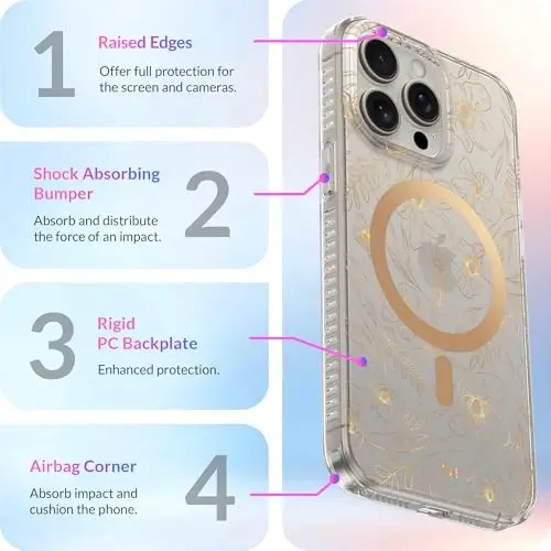 LONLI Hue - for iPhone 15 Pro Max Case [Compatible with Magsafe] - Gold Floral Phone Case - [360° Shock-Absorbent Bumper] - Cute, Unique and Aesthetic Phone Cover for Girls and Women - 3