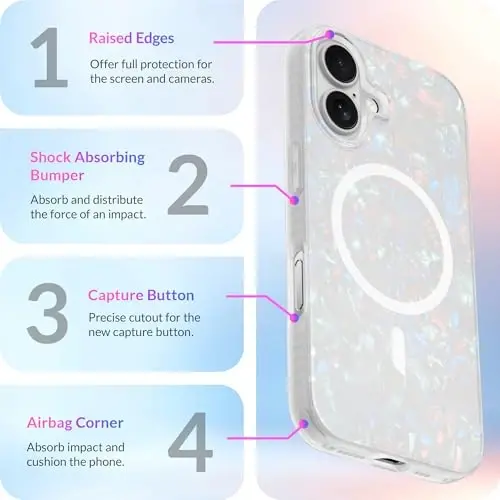 LONLI Hue for iPhone 16 Case, Elegant White Pearl Tort Magnetic | Compatible with MagSafe, Strong Magnets, Shockproof Bumper, Cute Unique Aesthetic for Girls and Women - 4