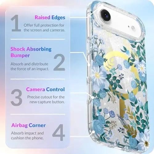 LONLI Hue - for iPhone 17 Air Magnetic Case - [Compatible with Magsafe] - [Gold Ring] - Clear Cute Shockproof Protective Phone Cover for Girls and Women - Blue Flora - 4