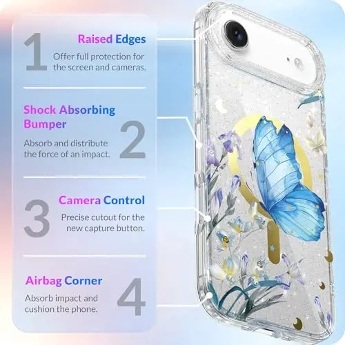 LONLI Hue - for iPhone 17 Air Magnetic Case - [Compatible with Magsafe] - [Gold Ring] - Clear Cute Shockproof Protective Phone Cover for Girls and Women - Blue Morpho - 4