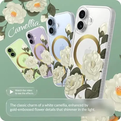 LONLI Hue for iPhone 17 Case - Camellia with Gold Foiled Stamens Shockproof Magnetic Phone Cover - [Compatible with Magsafe] - Elegant, Unique and Aesthetic - 2
