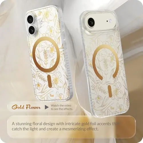 LONLI Hue for iPhone 17 Case - Golden Floral Shockproof Magnetic Phone Cover - [Compatible with Magsafe] - Elegant, Unique and Aesthetic for Women and Girls 