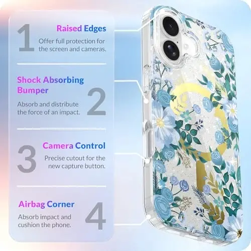 LONLI Hue - for iPhone 17 Magnetic Case - [Compatible with Magsafe] - [Gold Ring] - Clear Cute Shockproof Protective Phone Cover for Girls and Women - Blue Flora - 4