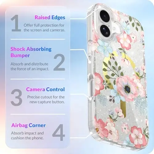 LONLI Hue - for iPhone 17 Magnetic Case - [Compatible with Magsafe] - [Gold Ring] - Clear Cute Shockproof Protective Phone Cover for Girls and Women - Frosted Floral - 4