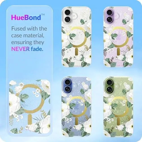LONLI Hue - for iPhone 17 Magnetic Case - [Compatible with Magsafe] - [Gold Ring] - Clear Cute Shockproof Protective Phone Cover for Girls and Women - White Flora - 5