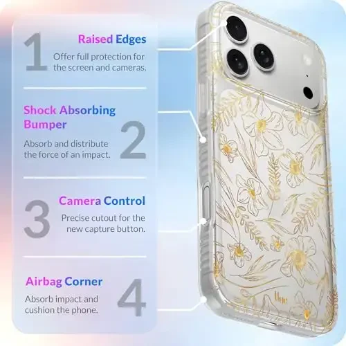 LONLI Hue for iPhone 17 Pro Case - Golden Floral Shockproof Phone Cover - [Shock-Absorbent Bumper] - Elegant, Unique and Aesthetic for Women and Girls - 5