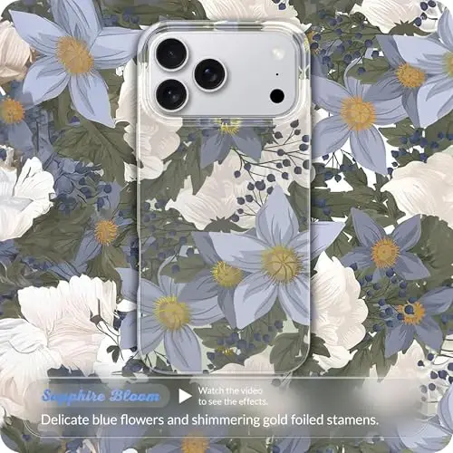 LONLI Hue for iPhone 17 Pro Case - Sapphire Bloom Blue Flower Shockproof Magnetic Phone Cover - [Compatible with Magsafe] - Elegant, Unique and Aesthetic - 2
