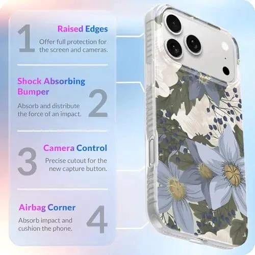 LONLI Hue for iPhone 17 Pro Case - Sapphire Bloom Blue Flower Shockproof Magnetic Phone Cover - [Compatible with Magsafe] - Elegant, Unique and Aesthetic - 5