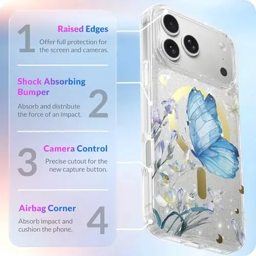 LONLI Hue - for iPhone 17 Pro Magnetic Case - [Compatible with Magsafe] - [Gold Ring] - Clear Cute Shockproof Protective Phone Cover for Girls and Women - Blue Morpho - 4