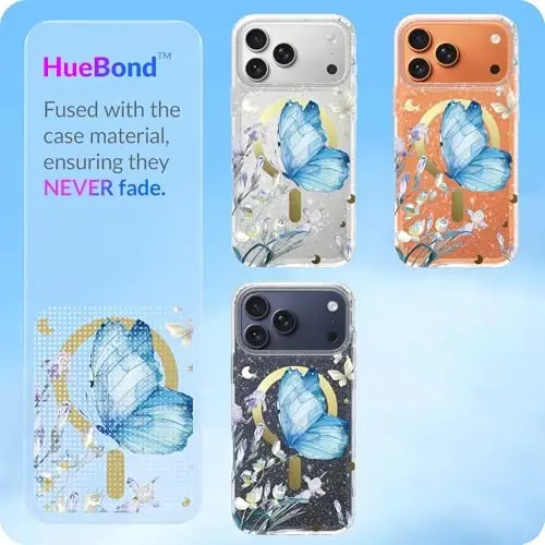 LONLI Hue - for iPhone 17 Pro Magnetic Case - [Compatible with Magsafe] - [Gold Ring] - Clear Cute Shockproof Protective Phone Cover for Girls and Women - Blue Morpho - 5