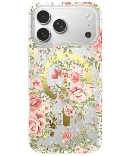 LONLI Hue - for iPhone 17 Pro Magnetic Case - [Compatible with Magsafe] - [Gold Ring] - Clear Cute Shockproof Protective Phone Cover for Girls and Women - Pink Garden 