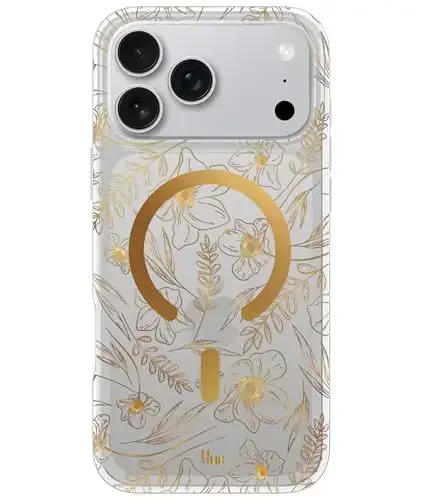 LONLI Hue for iPhone 17 Pro Max Case - Golden Floral Shockproof Magnetic Phone Cover - [Compatible with Magsafe] - Elegant, Unique and Aesthetic for Women and Girls 