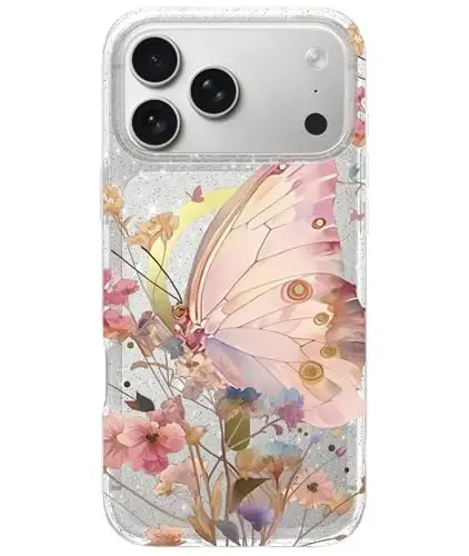 LONLI Hue - for iPhone 17 Pro Max Magnetic Case - [Compatible with Magsafe] - [Gold Ring] - Clear Cute Shockproof Protective Phone Cover for Girls and Women - Garden Butterfly 