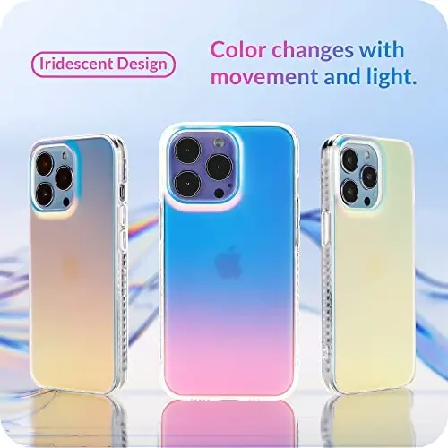 LONLI Hue - iPhone 14 Pro Max uchun g'ilof - Fluorescent Coloful Holographic Iridescent telefon g'ilofi - [360° zarbani yutuvchi bamper] - Ayollar va qizlar uchun yoqimli, noyob va estetik telefon qopqog'i - 3
