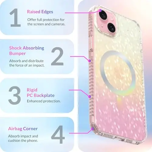 LONLI Hue - Prismatic Rainbow Diamond Facet Sparkling Magnetic Phone Case for iPhone 15 - [Compatible with Magsafe] - [Sparkle Glow Finish, Luxe Glitter Protection] - for iPhone 15 - 6