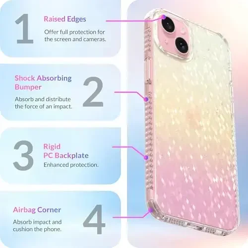LONLI Hue - Prismatic Rainbow Diamond Facet Sparkling Phone Case for iPhone 15 - [Sparkle Glow Finish, Luxe Glitter Protection] - [360° Shock-Absorbent Bumper] - for iPhone 15 - 6