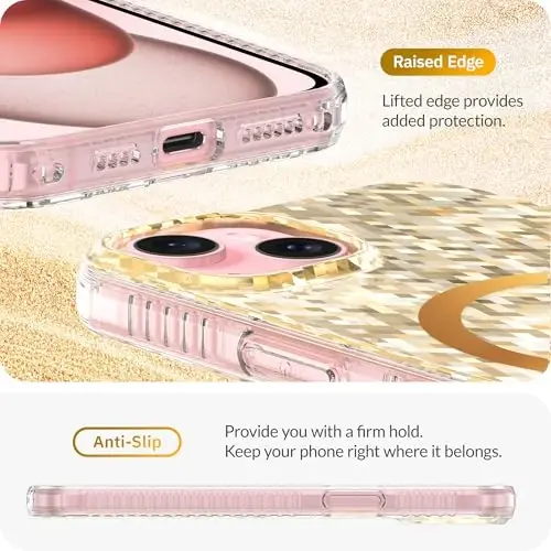 LONLI Hue - Champagne Gold Diamond Facet Sparkling Magnetic Phone Case for iPhone 15 - [Compatible with Magsafe] - [Sparkle Glow Finish, Luxe Glitter Protection] - for iPhone 15 - 5