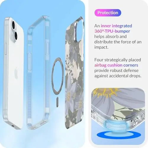 LONLI Hue - for iPhone 15 Case [Compatible with Magsafe] - Blue Flower Phone Case - [360° Shock-Absorbent Bumper] - Cute, Unique and Aesthetic Phone Cover for Girls and Women - 4
