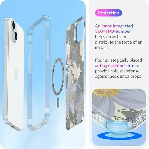 LONLI Hue - for iPhone 15 Case [Compatible with Magsafe] - Blue Flower Phone Case - [360° Shock-Absorbent Bumper] - Cute, Unique and Aesthetic Phone Cover for Girls and Women - 4